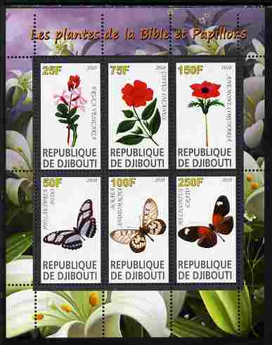 Djibouti 2010 Butterflies & Plants from the Bible #3 perf sheetlet containing 6 values unmounted mint, stamps on , stamps on  stamps on butterflies, stamps on  stamps on flowers, stamps on  stamps on bible, stamps on  stamps on religion