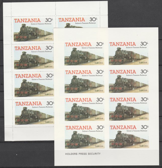 Tanzania 1985 Railways (1st Series) 30s value in complete imperf sheetlet of 8 plus perforated normal sheet, both unmounted mint as SG 433, stamps on railways
