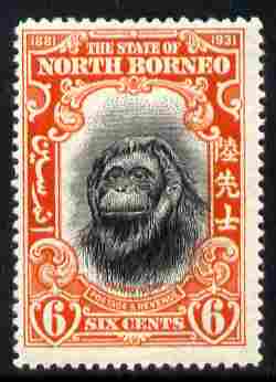 North Borneo 1931 50th Anniversary 6c Orang-Utan mounted mint, SG 296, stamps on , stamps on  kg5 , stamps on apes , stamps on orang-utan
