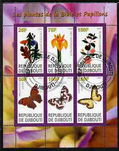 Djibouti 2010 Butterflies & Plants from the Bible #4 perf sheetlet containing 6 values fine cto used, stamps on butterflies, stamps on flowers, stamps on bible, stamps on religion
