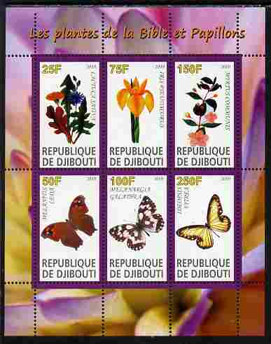 Djibouti 2010 Butterflies & Plants from the Bible #4 perf sheetlet containing 6 values unmounted mint, stamps on butterflies, stamps on flowers, stamps on bible, stamps on religion