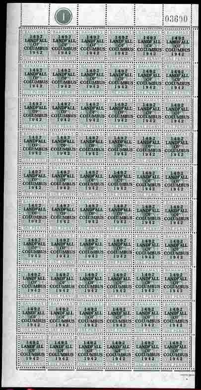Bahamas 1942 KG6 Landfall of Columbus 1d pale slate complete left pane of 60 including plate varieties R1/1 & R 10/1 (damaged corners), R5/6 (Damaged O), R7/1 (Split P), R10/3 (Notched E), R10/5 (Distorted N) plus overprint varieties R1/2 (Flaw in N), R1/4 (Damaged top of L), R2/4 (Broken F), R3/2 (Flaw in second U), R8/2 (Flaw in S), R8/5 (Flaw in D), R8/6 (Broken 2) and R10/4 (Flaw on O) among others, a few split perfs otherwise fine unmounted mint, stamps on , stamps on  kg6 , stamps on varieties, stamps on columbus, stamps on explorers
