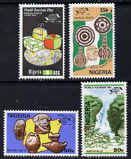 Nigeria 1985 World Tourism Day set of 4 (Waterfall, Pottery, Carving & Leather work) unmounted mint SG 502-505, stamps on crafts   carving   pottery   tourism   waterfalls
