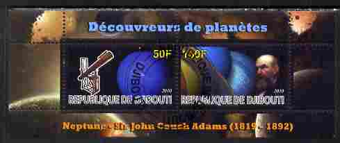 Djibouti 2010 Planets & Sir John Couch Adams perf sheetlet containing 2 values fine cto used, stamps on personalities, stamps on astronomy, stamps on planets, stamps on telescopes