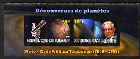 Djibouti 2010 Planets & Clyde William Tombaugh imperf sheetlet containing 2 values unmounted mint, stamps on personalities, stamps on astronomy, stamps on planets, stamps on telescopes