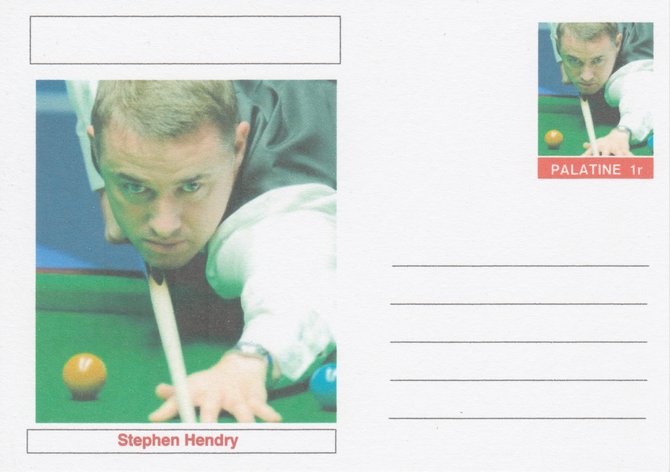 Palatine (Fantasy) Personalities - Stephen Hendry (snooker) postal stationery card unused and fine, stamps on personalities, stamps on sport, stamps on snooker