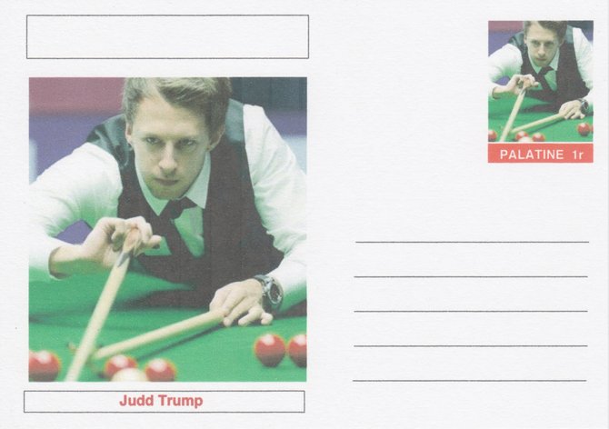 Palatine (Fantasy) Personalities - Judd Trump (snooker) postal stationery card unused and fine, stamps on personalities, stamps on sport, stamps on snooker
