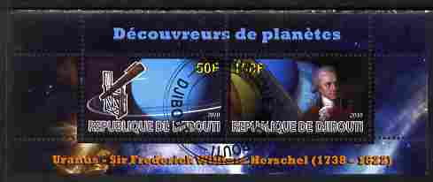 Djibouti 2010 Planets & Sir Frederich Herschel perf sheetlet containing 2 values fine cto used, stamps on , stamps on  stamps on personalities, stamps on  stamps on astronomy, stamps on  stamps on planets, stamps on  stamps on telescopes