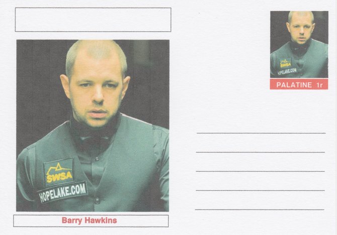 Palatine (Fantasy) Personalities - Barry Hawkins (snooker) postal stationery card unused and fine, stamps on personalities, stamps on sport, stamps on snooker