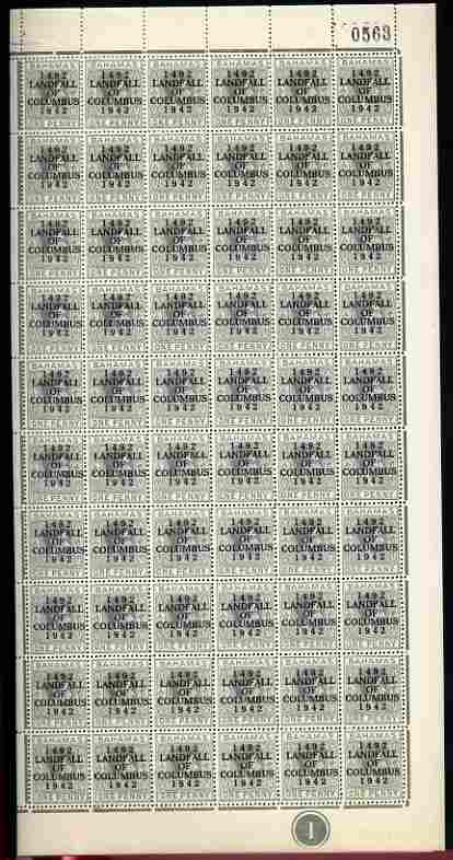 Bahamas 1942 KG6 Landfall of Columbus 1d pale slate complete right pane of 60 including plate varieties R10/4 (Damaged oval at 6 o'clock) plus overprint varieties incl R10/2 (Flaw in O) etc, a few split perfs otherwise fine unmounted mint, stamps on , stamps on  kg6 , stamps on varieties, stamps on columbus, stamps on explorers