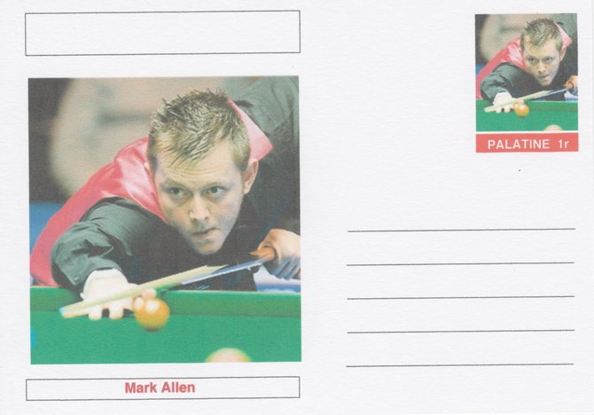 Palatine (Fantasy) Personalities - Mark Allen (snooker) postal stationery card unused and fine, stamps on personalities, stamps on sport, stamps on snooker