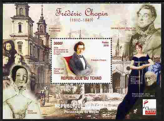 Chad 2010 200th Birth Anniversary of Chopin #1 perf souvenir sheet unmounted mint. Note this item is privately produced and is offered purely on its thematic appeal, stamps on personalities, stamps on chopin, stamps on music, stamps on composers, stamps on 