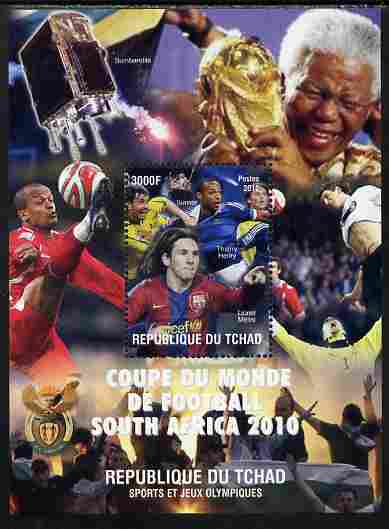 Chad 2010 Football World Cup & Nelson Mandela perf souvenir sheet unmounted mint. Note this item is privately produced and is offered purely on its thematic appeal, stamps on personalities, stamps on mandela, stamps on nobel, stamps on peace, stamps on racism, stamps on human rights, stamps on football, stamps on sport