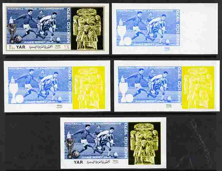 Yemen - Republic 1970 Football World Cup - 8th issue 1.25B the set of 5 imperf progressive proofs comprising 1, 2, 3, 4 and all 5-colour composites unmounted mint as Mi 1..., stamps on sport, stamps on football