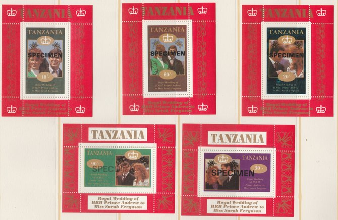 Tanzania 1986 Royal Wedding (Andrew & Fergie) the unissued individual perf deluxe sheets optd SPECIMEN (5 values only, 80s not available) unmounted mint, stamps on royalty, stamps on andrew, stamps on fergie, stamps on 