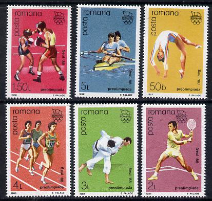 Rumania 1988 Olympic Games set of 6 (Gymnastics, Boxing, Tennis, Judo, Running, Rowing) unmounted mint Mi 4458-63 , stamps on olympics, stamps on sport, stamps on boxing, stamps on gymnastics, stamps on tennis, stamps on judo, stamps on running, stamps on rowing, stamps on martial-arts, stamps on  gym , stamps on gymnastics, stamps on 