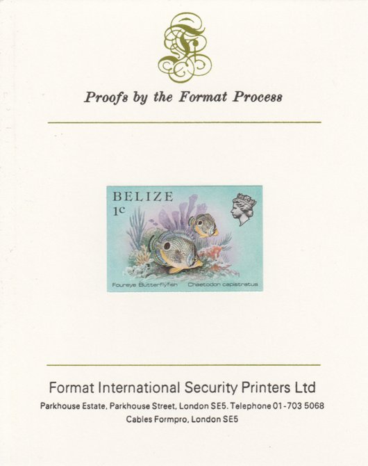 Belize 1984-88 Butterflyfish 1c def imperf proof mounted on Format International proof card as SG 766, stamps on , stamps on  stamps on fish     marine-life