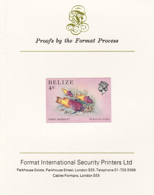 Belize 1984-88 Fairy Basslet 4c def imperf proof mounted on Format International proof card as SG 769, stamps on fish     marine-life