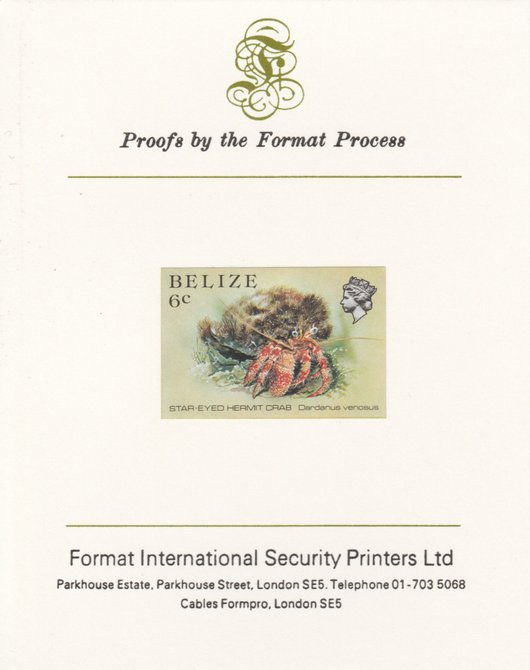 Belize 1984-88 Hermit Crab 6c def imperf proof mounted on Format International proof card as SG 771, stamps on crabs   marine-life