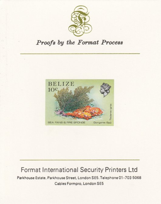 Belize 1984-88 Sea Fans & Fire Sponge 10c def imperf proof mounted on Format International proof card as SG 772, stamps on marine-life