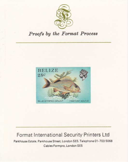 Belize 1984-88 Blue-striped Grunt 25c def imperf proof mounted on Format International proof card as SG 774, stamps on , stamps on  stamps on fish     marine-life