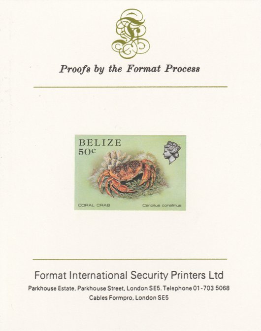 Belize 1984-88 Coral Crab 50c def imperf proof mounted on Format International proof card as SG 775, stamps on crabs   marine-life