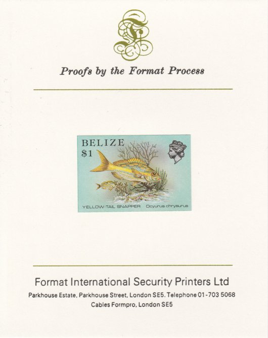 Belize 1984-88 Snapper fish $1 def imperf proof mounted on Format International proof card as SG 778, stamps on fish     marine-life