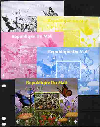 Mali 2010 Fungi #1 s/sheet with Butterflies & Scouts Logo - the set of 5 imperf progressive proofs comprising the 4 individual colours plus all 4-colour composite, unmounted mint, stamps on fungi, stamps on butterflies, stamps on scouts