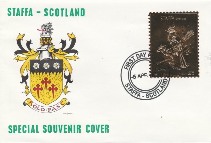 Staffa 1976 Cardinal (Female) \A38 value perforated & embossed in 23 carat gold foil on souvenir cover with first day cancel (Rosen 284b), stamps on birds    cardinal