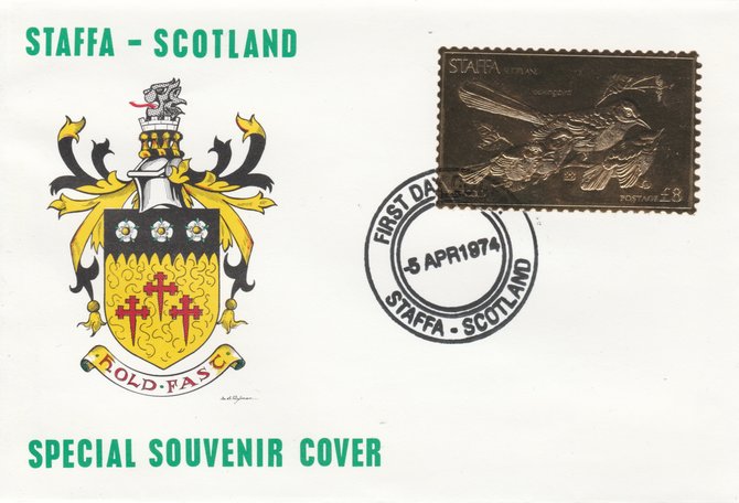 Staffa 1976 Mockingbird (Male) \A38 value perforated & embossed in 23 carat gold foil on souvenir cover with first day cancel (Rosen 286a), stamps on birds, stamps on mockingbird
