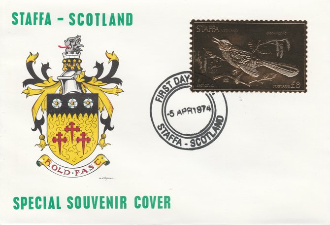 Staffa 1976 Mockingbird (Female) \A38 value perforated & embossed in 23 carat gold foil on souvenir cover with first day cancel (Rosen 286b), stamps on birds, stamps on mockingbird