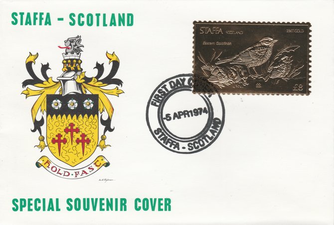 Staffa 1976 Eastern Goldfinch (Male) \A38 value perforated & embossed in 23 carat gold foil on souvenir cover with first day cancel (Rosen 291a), stamps on birds    gold finch