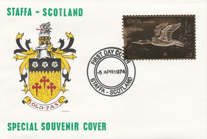 Staffa 1976 Common Loon (Female) \A38 value perforated & embossed in 23 carat gold foil on souvenir cover with first day cancel (Rosen 292b), stamps on birds    loon    duck