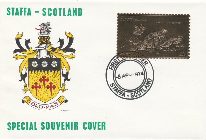 Staffa 1976 Alaska Willow Ptarmigan (Male) \A38 value perforated & embossed in 23 carat gold foil on souvenir cover with first day cancel (Rosen 299a), stamps on birds    ptarmigan     game