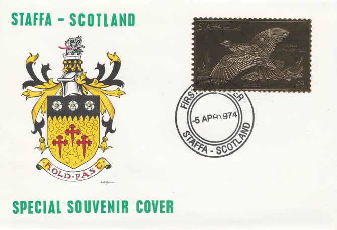 Staffa 1976 Alaska Willow Ptarmigan (Female) \A38 value perforated & embossed in 23 carat gold foil on souvenir cover with first day cancel (Rosen 299b), stamps on birds    ptarmigan     game