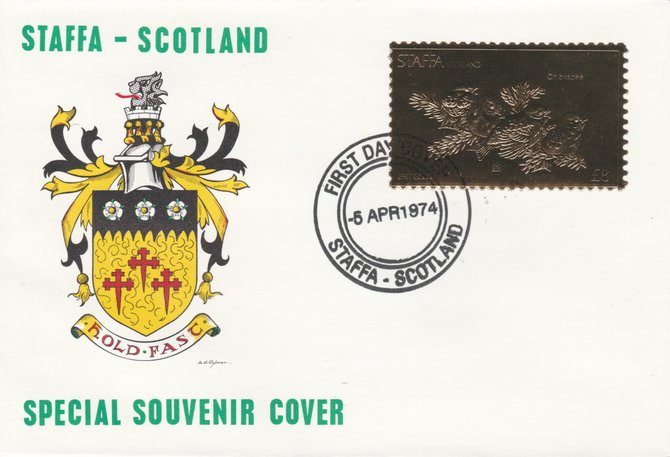 Staffa 1976 Chickadee (Male) \A38 value perforated & embossed in 23 carat gold foil on souvenir cover with first day cancel (Rosen 301a), stamps on birds    chickadee