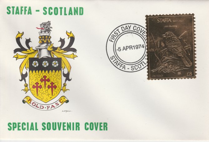 Staffa 1976 Lark Bunting (Male) \A38 value perforated & embossed in 23 carat gold foil on souvenir cover with first day cancel (Rosen 303a), stamps on birds    lark bunting