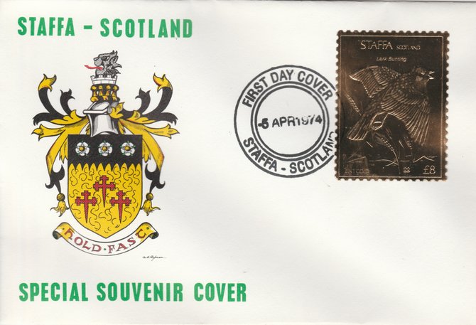 Staffa 1976 Lark Bunting (Female) \A38 value perforated & embossed in 23 carat gold foil on souvenir cover with first day cancel (Rosen 303b), stamps on birds    lark bunting