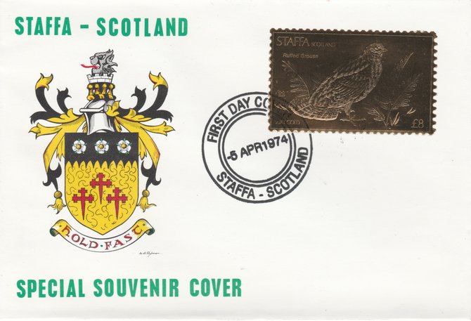 Staffa 1976 Ruffed Grouse (Male) \A38 value perforated & embossed in 23 carat gold foil on souvenir cover with first day cancel (Rosen 311a), stamps on birds    grouse    game
