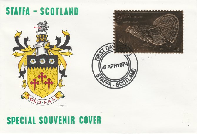 Staffa 1976 Ruffed Grouse (Female) \A38 value perforated & embossed in 23 carat gold foil on souvenir cover with first day cancel (Rosen 311b), stamps on birds    grouse    game