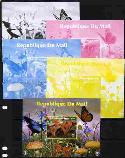 Mali 2010 Fungi #8 s/sheet with Butterflies & Scouts Logo - the set of 5 imperf progressive proofs comprising the 4 individual colours plus all 4-colour composite, unmounted mint, stamps on fungi, stamps on butterflies, stamps on scouts