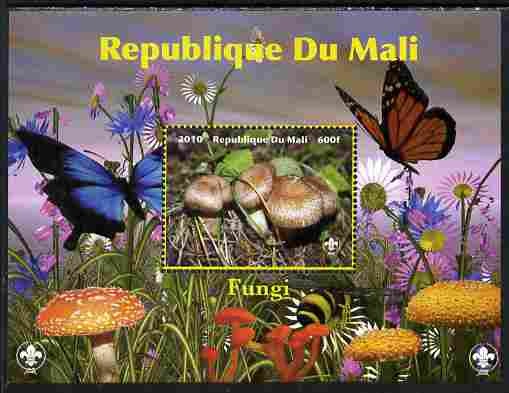 Mali 2010 Fungi #9 perf s/sheet with Butterflies & Scouts Logo unmounted mint. Note this item is privately produced and is offered purely on its thematic appeal, stamps on fungi, stamps on butterflies, stamps on scouts