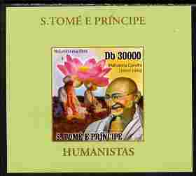 St Thomas & Prince Islands 2010 Humanitarians - Mahatma Gandhi individual imperf deluxe sheet unmounted mint. Note this item is privately produced and is offered purely o..., stamps on personalities, stamps on gandhi, stamps on constitutions, stamps on flowers