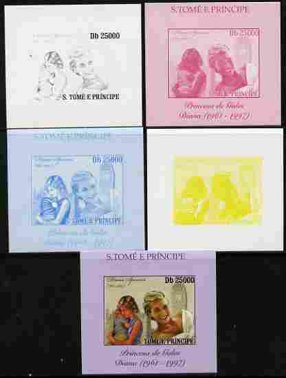 St Thomas & Prince Islands 2010 Diana Princess of Wales #4 with Big Ben individual deluxe sheet - the set of 5 imperf progressive proofs comprising the 4 individual colou..., stamps on personalities, stamps on diana, stamps on royalty, stamps on clocks, stamps on london