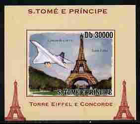 St Thomas & Prince Islands 2010 Eiffel Tower & Concorde #1 individual imperf deluxe sheet unmounted mint. Note this item is privately produced and is offered purely on its thematic appeal, stamps on eiffel tower, stamps on concorde, stamps on aviation