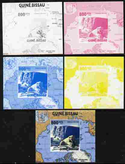 Guinea - Bissau 2010 Global Warming #2 - Polar Bear individual deluxe sheet - the set of 5 imperf progressive proofs comprising the 4 individual colours plus all 4-colour..., stamps on environment, stamps on animals, stamps on weather, stamps on polar, stamps on maps, stamps on bears
