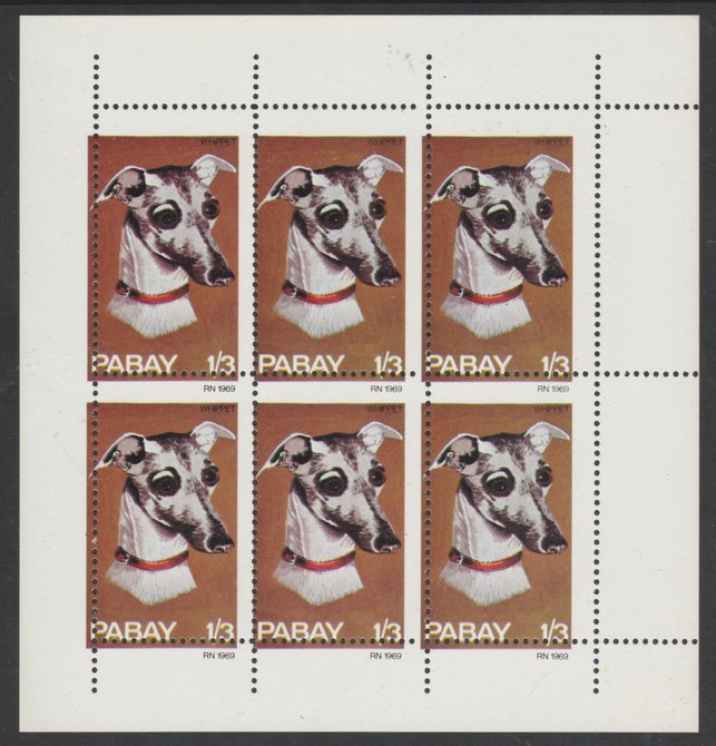 Pabay 1969 Dogs 1s3d (Whippet) complete perf sheetlet of 6 with perforations misplaced both horizontally and vertically, unmounted mint, stamps on dogs, stamps on 