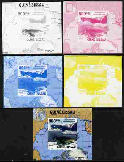 Guinea - Bissau 2010 Global Warming #3 - Weddell Seal individual deluxe sheet - the set of 5 imperf progressive proofs comprising the 4 individual colours plus all 4-colour composite, unmounted mint, stamps on environment, stamps on animals, stamps on weather, stamps on polar, stamps on maps, stamps on seals