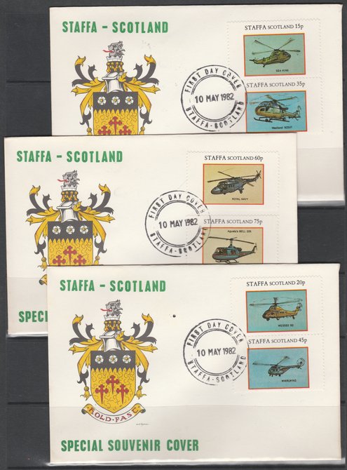 Staffa 1982 Helicopters perf set of 6 values on 3 special covers with first day cancels, stamps on aviation    helicopter
