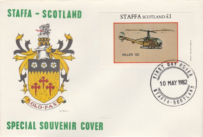 Staffa 1982 Helicopters - Hiller 12E imperf souvenir sheet on special cover with first day cancel, stamps on , stamps on  stamps on aviation    helicopter